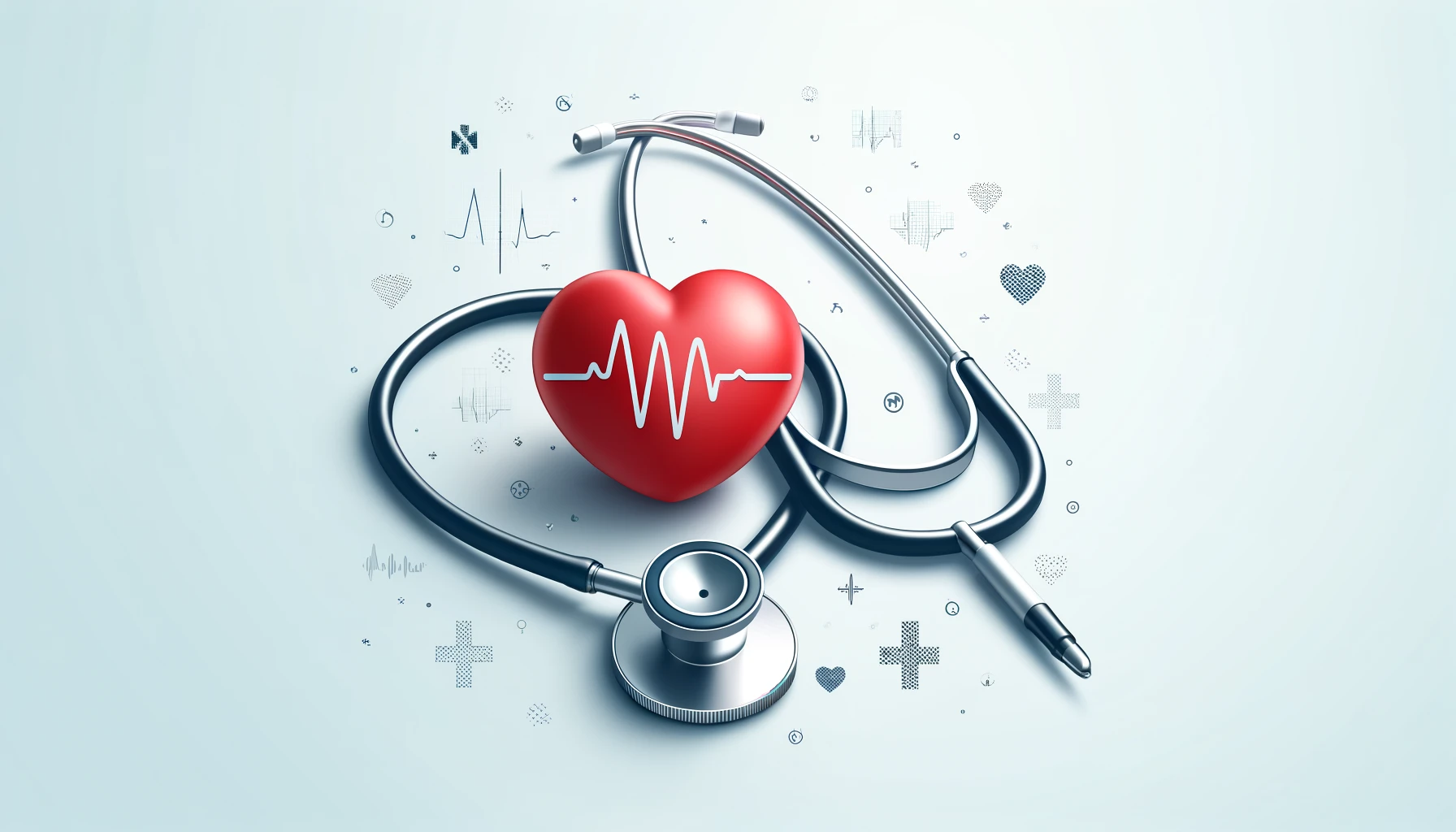 Estetoscópio e coração simbolizando cuidados de saúde em um fundo branco.