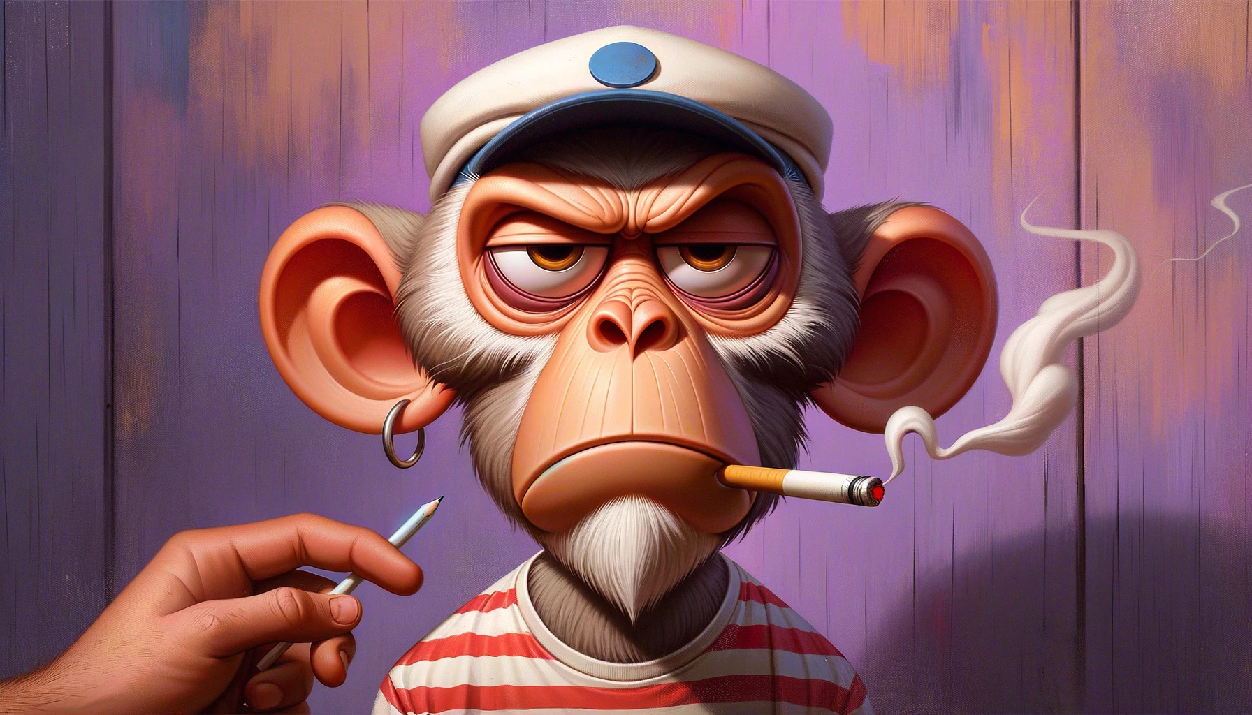 Caricatura de macaco estilizado com expressão irritada, usando boné e camisa listrada.