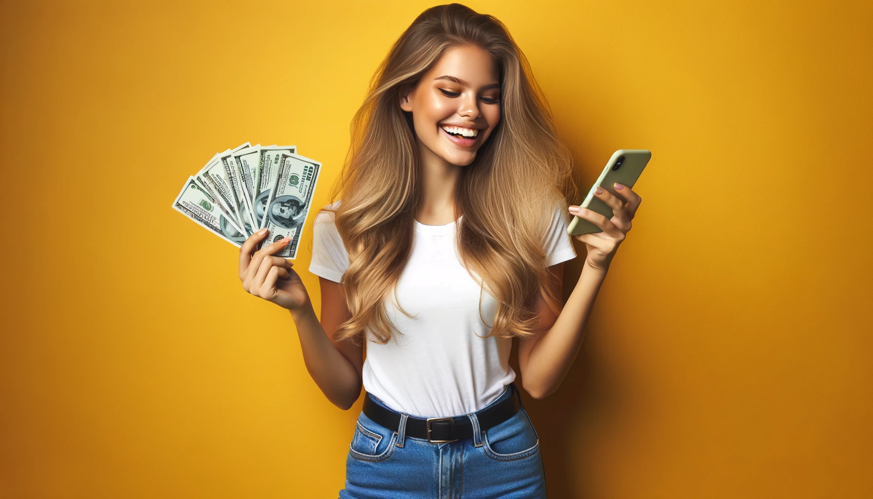 Mulher sorrindo com dinheiro e celular representando empréstimo com garantia de celular