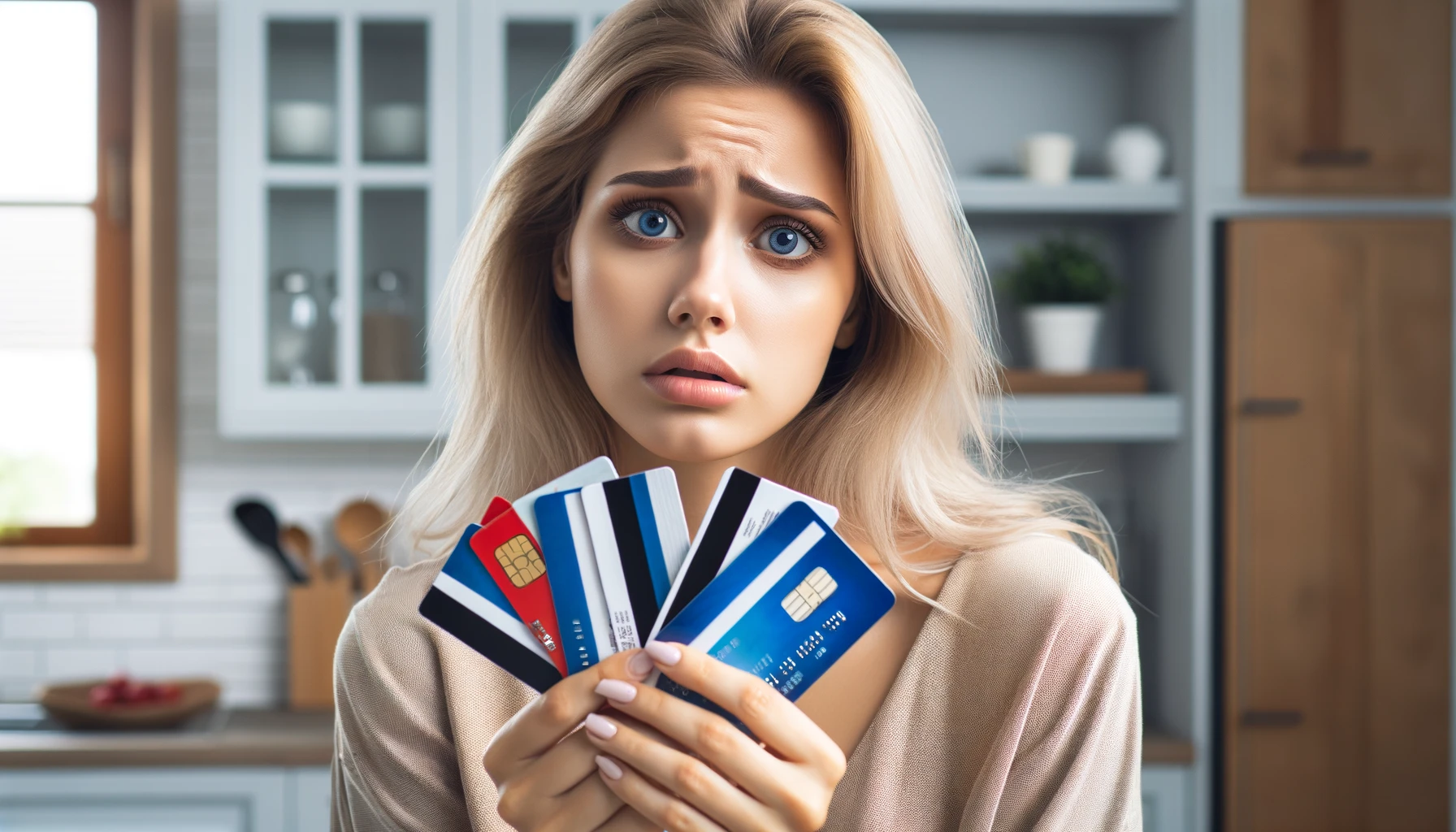 Mulher preocupada com dívida de cartão de crédito.