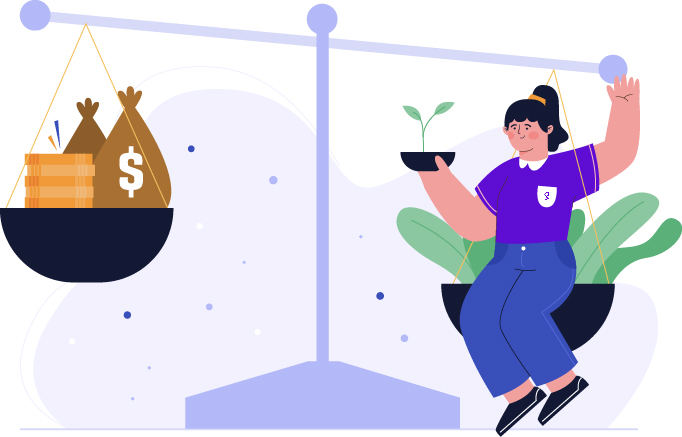 Uma balança equilibrando o dinheiro e uma mulher segurando uma planta