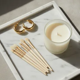 Gold hoop earrings, makeup brushes and a candle on a marble tray