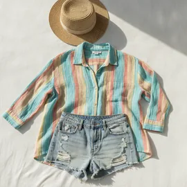 Linen shirt, denim shorts and a straw hat laid out on a white bed