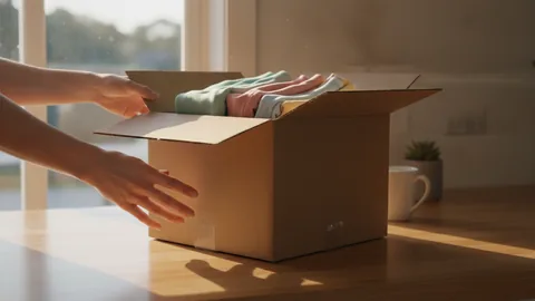 Hands opening a plain cardboard parcel with folded clothes inside on a kitchen bench