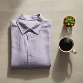Gefaltetes lavendelfarbenes Leinenhemd neben einer Kaffeetasse auf einem Holztisch