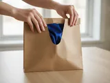 Hände öffnen einen schlichten braunen Versandbeutel mit einem blauen Kleid darin